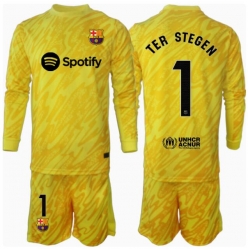Barcelona Ter Stegen #1 Keeper Hjemmedraktsett Barn 2024-25 Langermet (+ Korte bukser)