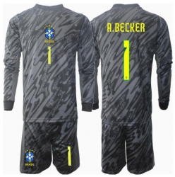 Brasil Alisson Becker #1 Keeper Bortedraktsett Barn Copa America 2024 Langermet (+ Korte bukser)