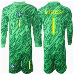 Brasil Alisson Becker #1 Keeper Hjemmedraktsett Barn Copa America 2024 Langermet (+ Korte bukser)