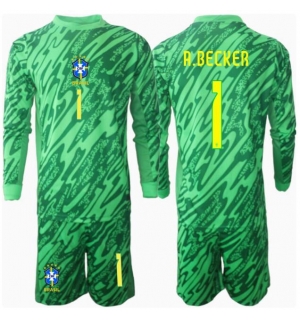 Brasil Alisson Becker #1 Keeper Hjemmedraktsett Barn Copa America 2024 Langermet (+ Korte bukser)