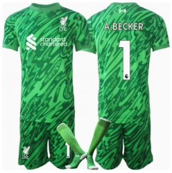 Liverpool Alisson Becker #1 Keeper Bortedraktsett Barn 2024-25 Kortermet (+ Korte bukser)