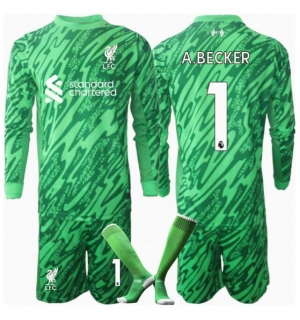 Liverpool Alisson Becker #1 Keeper Bortedraktsett Barn 2024-25 Langermet (+ Korte bukser)